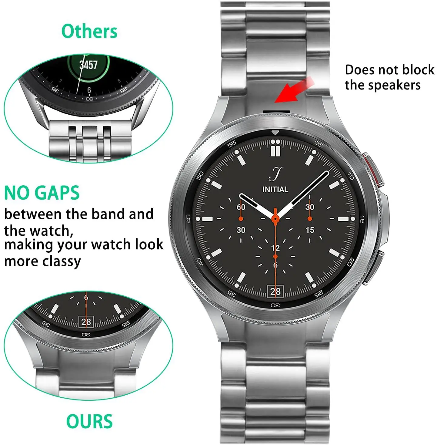 Compatible with Samsung Galaxy Watch 4/Classic Dedicated Connector Three-Bead Stainless Steel Metal Watch Strap