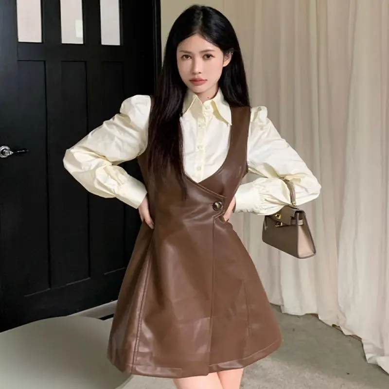 

Small Fragrant Style Outfits Two Piece Set Women's Spring Autumn Elegant Shirt+Design Sense Minority Strap PU Leather Skirts