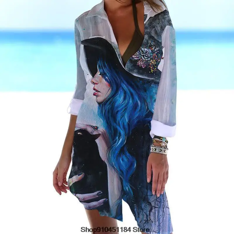 

2022 New Character abstract style Print Bikini Cover Up Women Cardigan Summer Beach Dress Ladies Swimsuit holiday Seaside Shirt