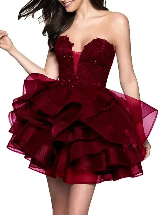 

2026 Fashion Red hort Prom Party Dress Sweetheart Tiered Lace Gradutation Homecoming Gown Robe De Soirée