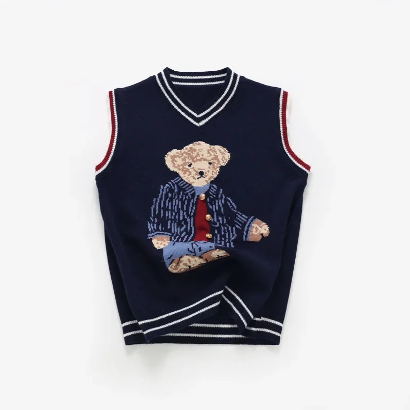 Parent-Child Vest Family Matching Sweater for Kids Bear Knit Top Sleeveless Dad Mom and Son Daughter Christmas Knitted Cardigan