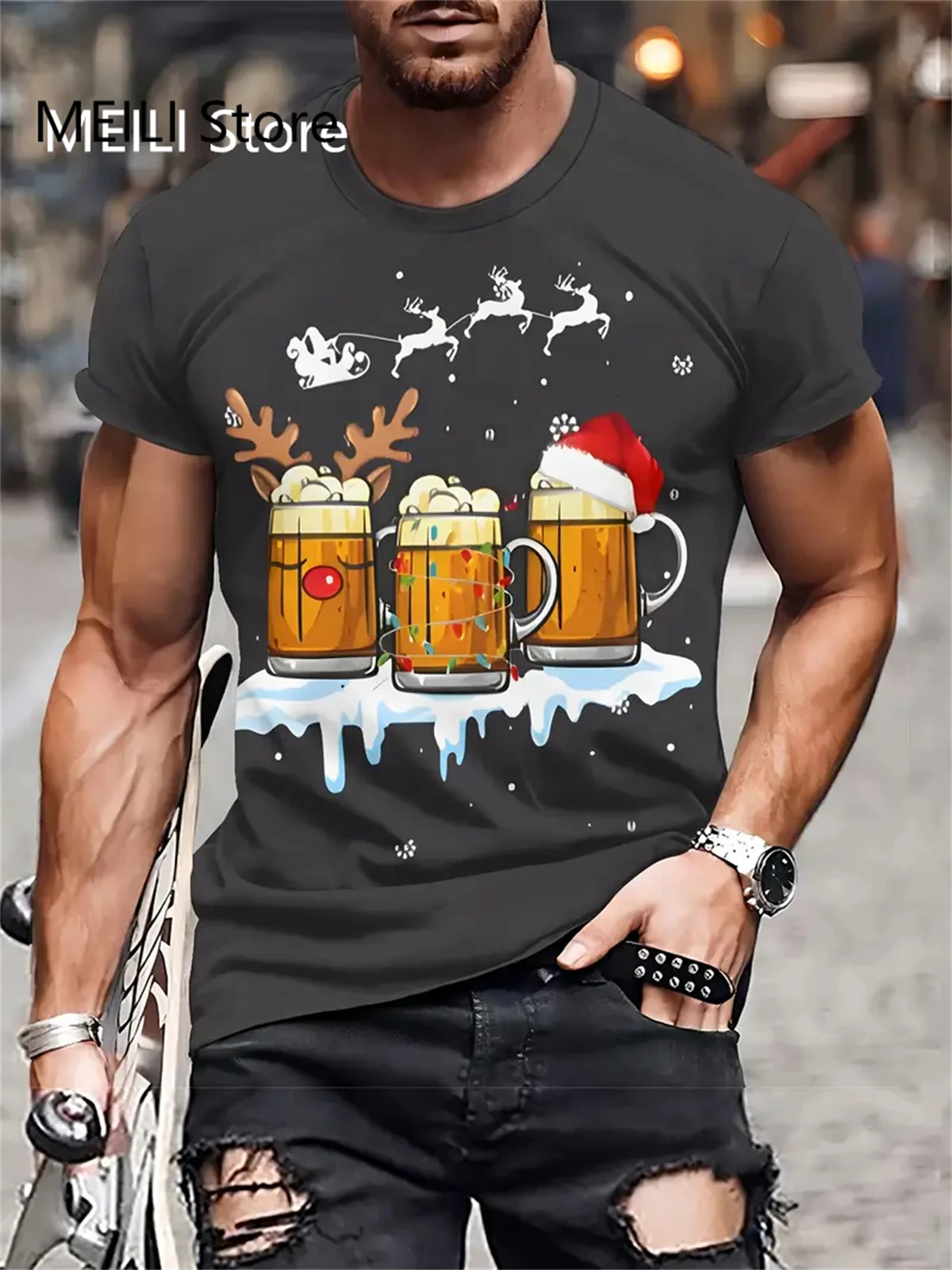 Christmas Festive 3D Printed Snowman T-Shirt for Men Casual O-Neck Top Short Sleeve Polyester Gym Clothing Men Oversized T-Shirt