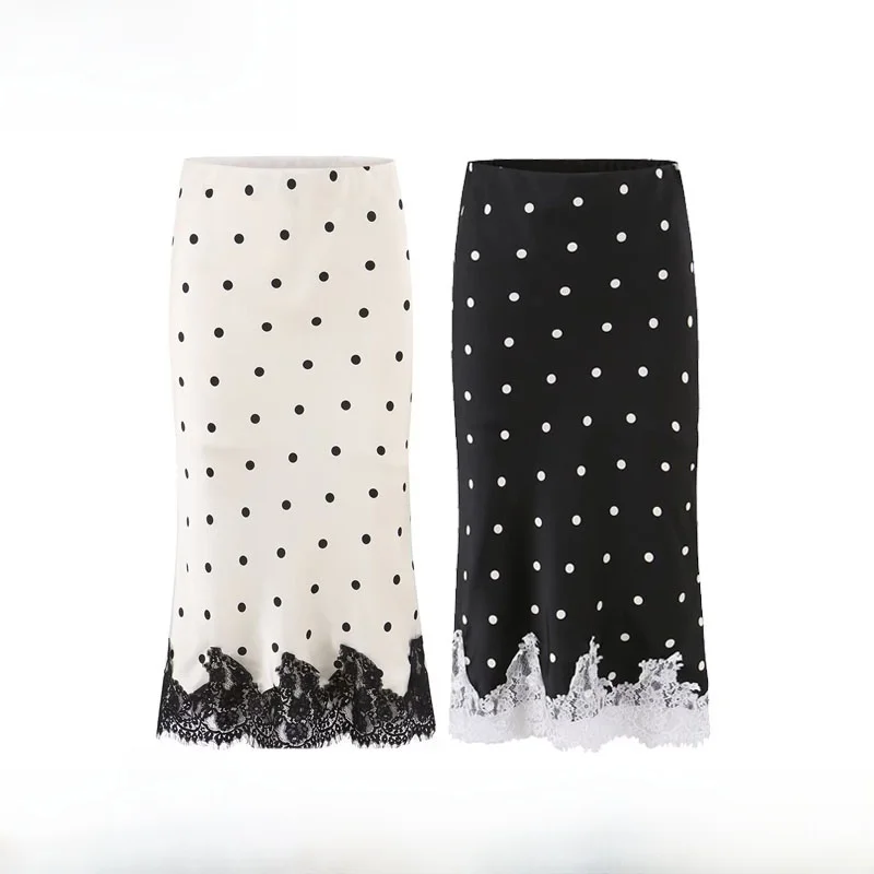 Fashionable Versatile Satin Lace Panel Bodycon  Skirt Women's High Waist Polyester Fiber New Arrival Spring Summer