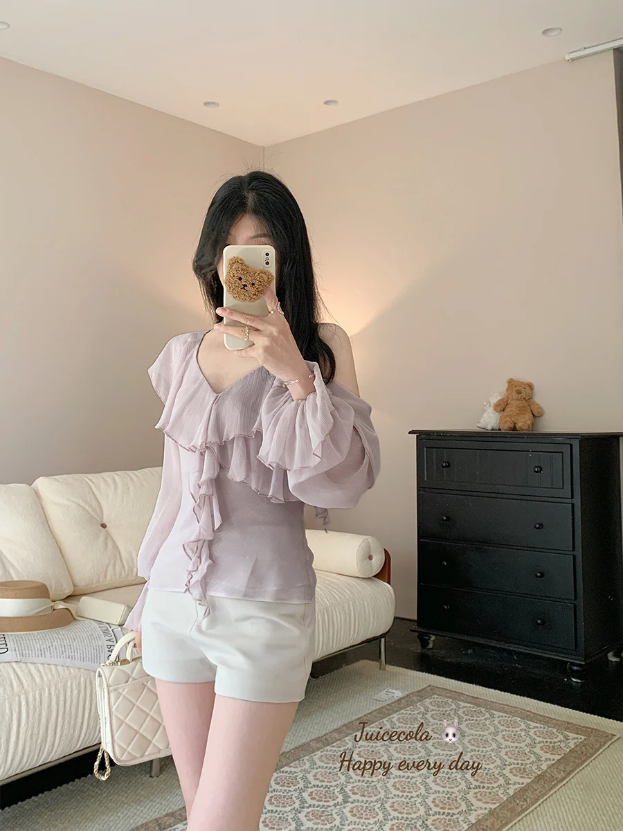 

Летний топ Juicecola с кружевом, открытыми плечами, рукавами-колокол, приталенный, для девочек, в китайском стиле, с длинными рукавами, для повседневной носки