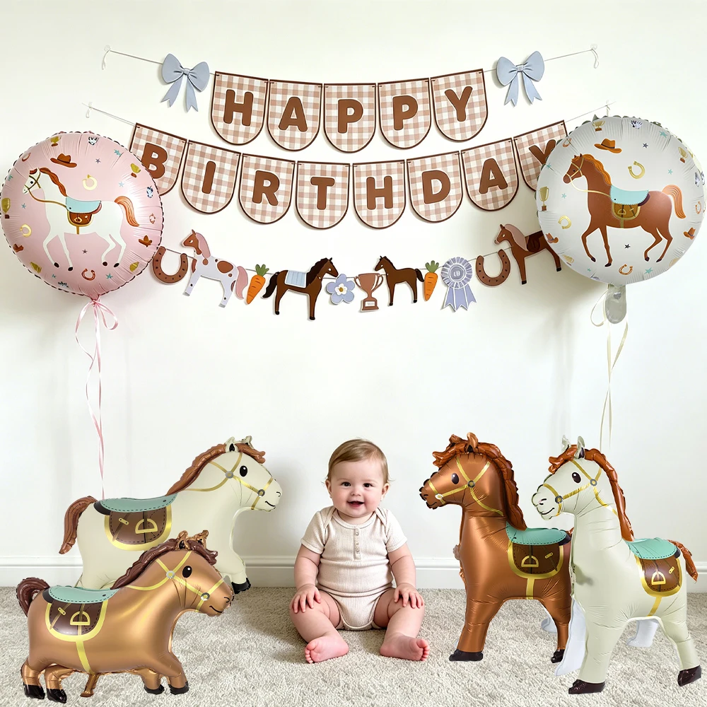 Décorations de fête d'anniversaire sur le thème du cheval, bannière Joyeux Anniversaire style bohème, ballons en aluminium cheval, fournitures pour baby shower sur le thème du western, du cowboy, de la ferme et du poney