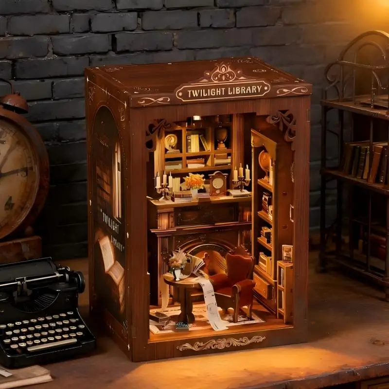 Kit di angolo per libri in legno 3D Casa delle bambole in miniatura fai-da-te Angolo di lettura crepuscolare Progetto creativo Regalo per gli amici Compleanno Decorazioni per la casa