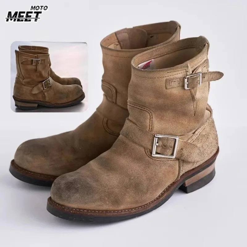 Handmade Work Boots Men and Women Engineer Mid-Calf Retro Motorcycle Boot Faded Mid-Calf Boot Khaki Suede Knight Boots