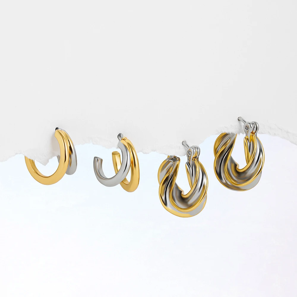 Vintage 18K Gold&Silver Plated Twisted Hoop Earrings for Women Fashion Mixed Color Double Layer Small Hoops Ear Buckle Jewelry