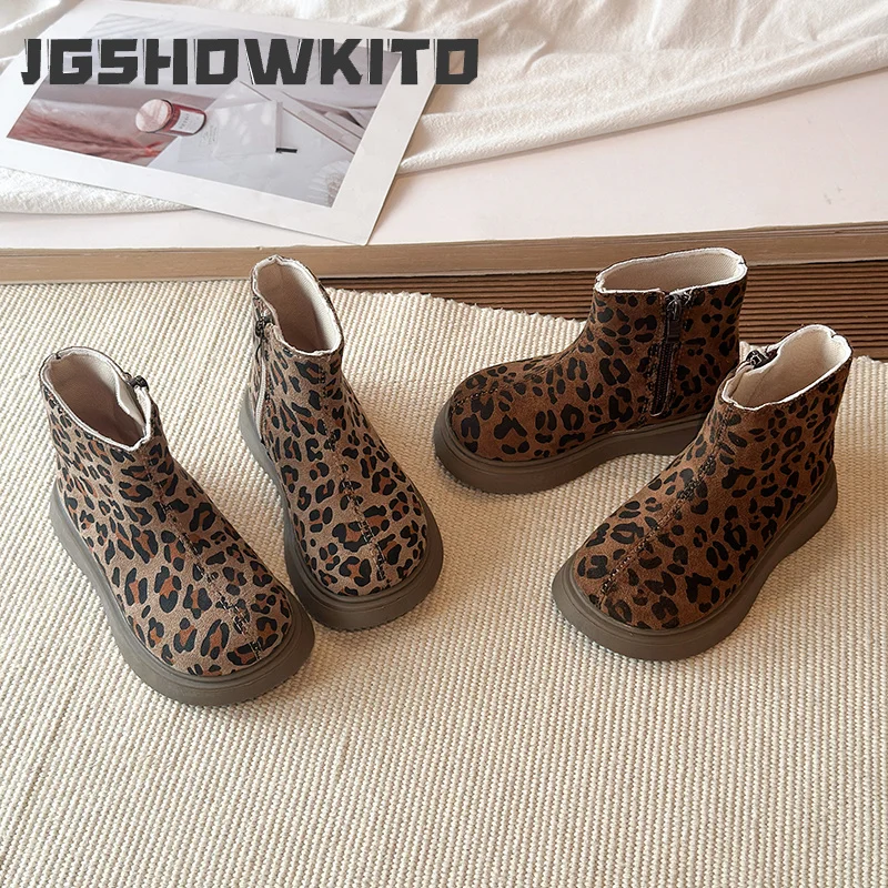 JGSHOWKITO Kids Platform Boots Spring Autumn Retro Leopard Printed Children Leather Boot Non-slip Suede Zipper Girls Ankle Boots