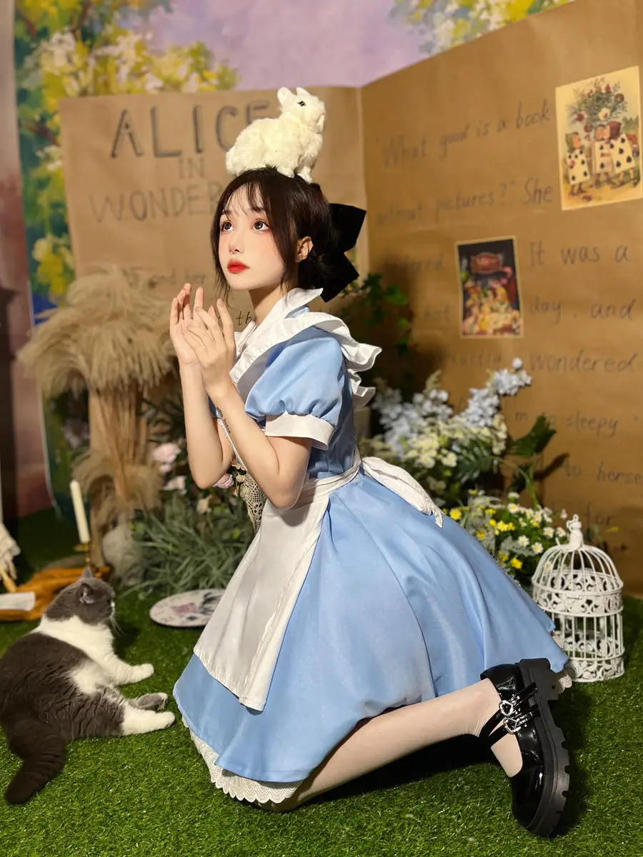 Halloween Japanese Anime Women's Sweet Cute Alice Princess Lolita Blue Dress Holiday Party Maid Role Playing Costume Suit 2025