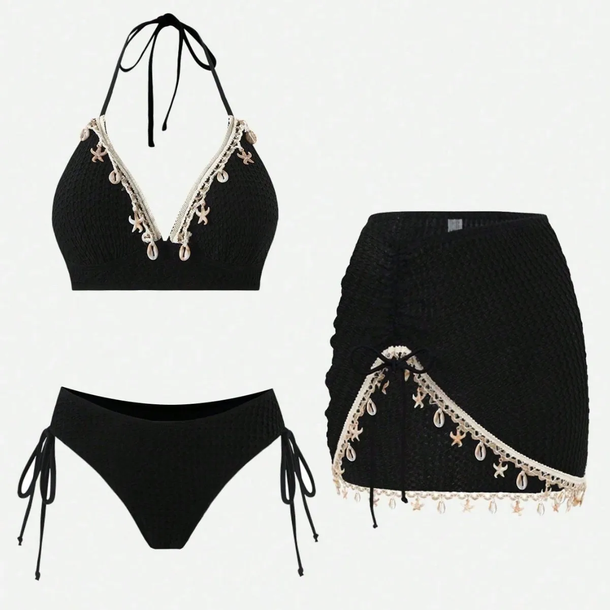 Sexy Triangle Cup Bikini Women Star Shell Decor Beachwear Holiday Sexy Beachwear 2026 Summer New Hollow Out Cover-Ups Wrap Skirt