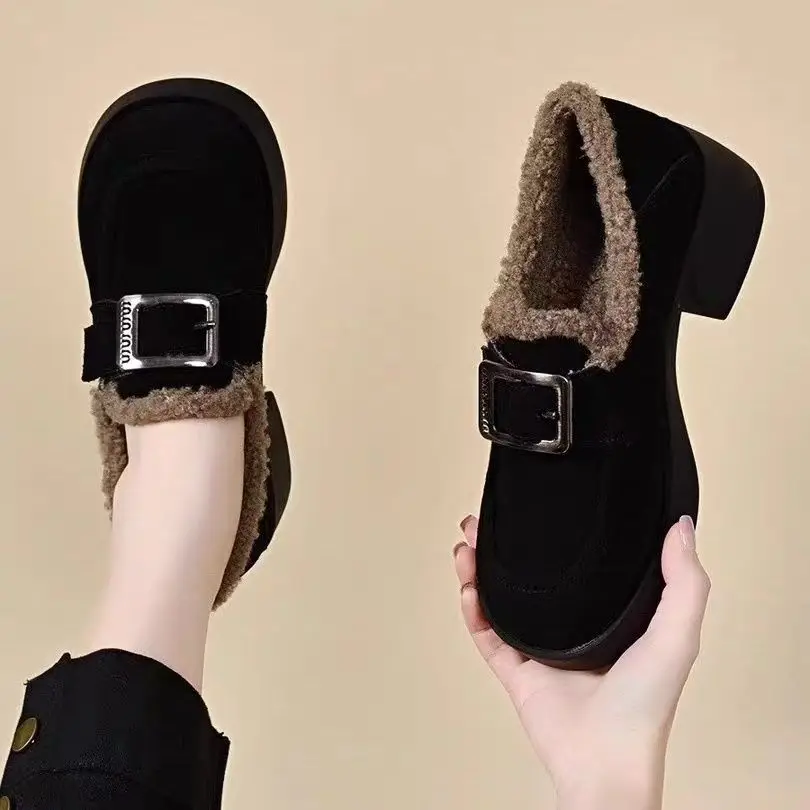 

Women's Thick-soled Loafers Plus Velvet Winter New Cotton Shoes Medium Heel Thick Heel Outdoor Casual Shoes Retro Furry Shoes