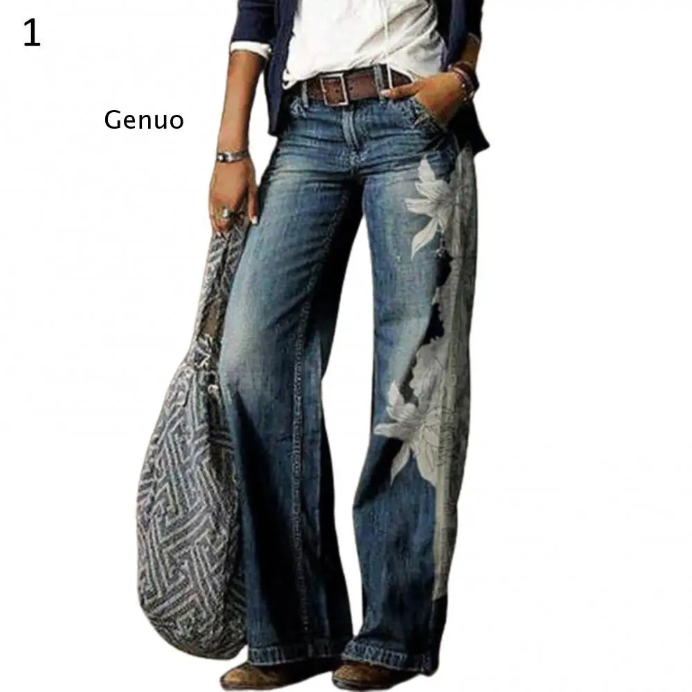 

2021 Autumn Winter Women Fashion High Waist Floral Print Wide Leg Jeans Denim Pants Loose Vintage Ladies Jean Trousers