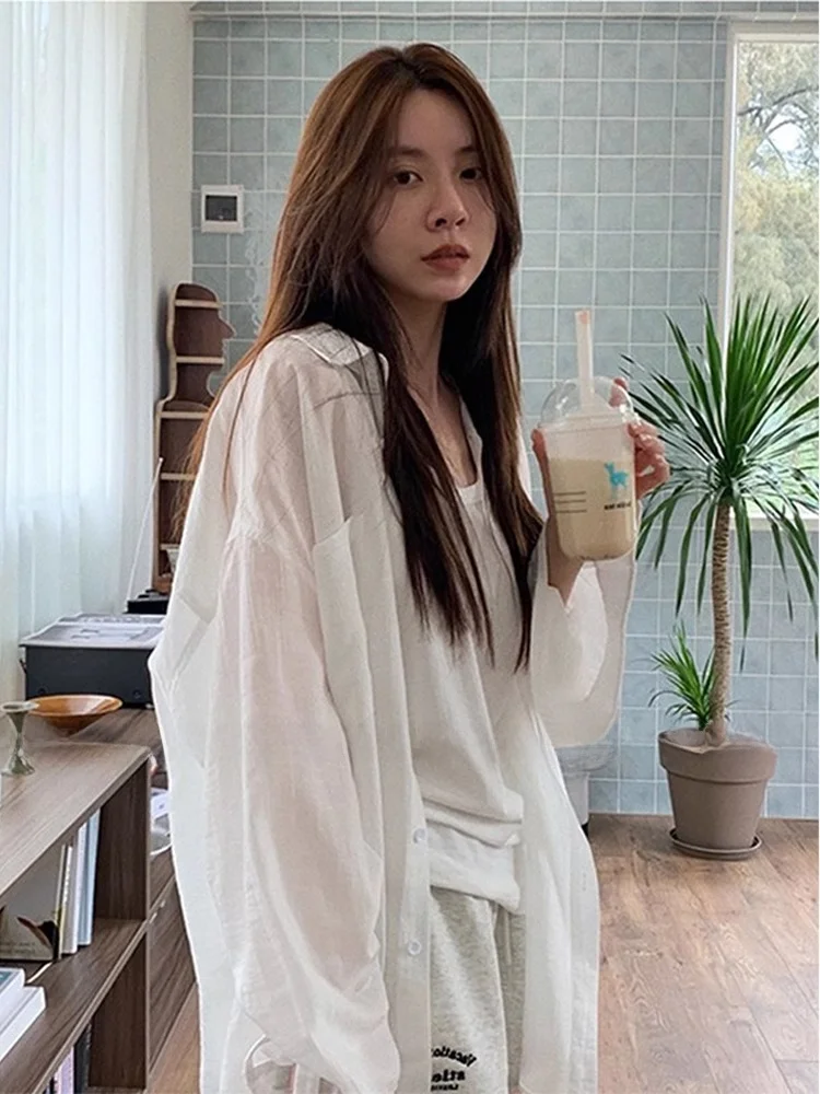 White Thin Sun Protection Long Sleeve Shirt Women's Summer Lazy Style Outerwear Cardigan Brand Buckle European Style Ladies' ...