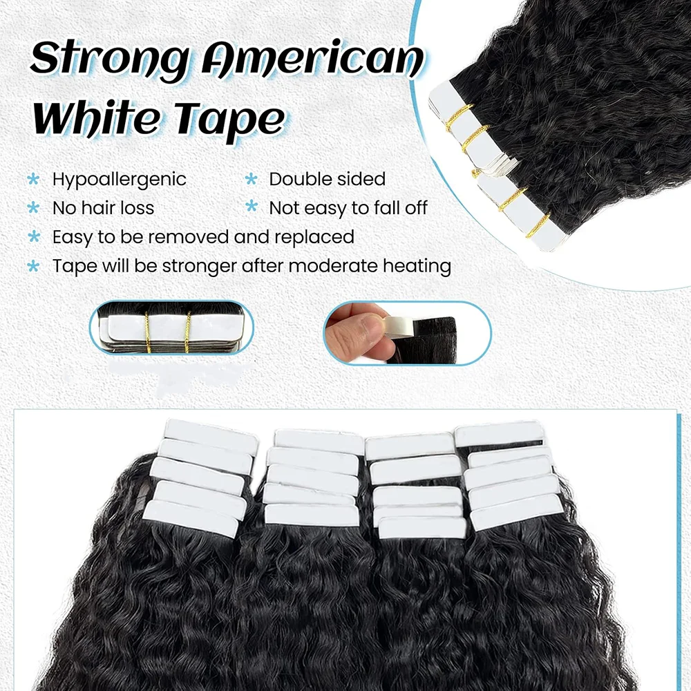 Kinky Straight Tape In Hair Extensions Human Hair Skin Weft Brazilian Remy Real 100% Human Hair Adhesive Invisible Natural Black