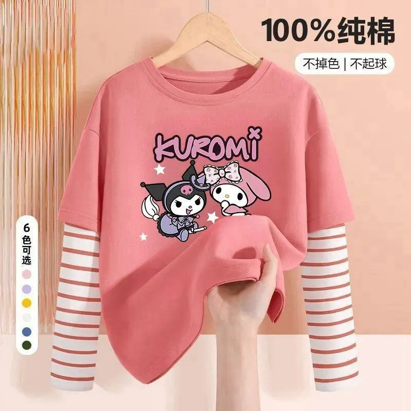 

Hot Kulomi's New Pure Cotton Baby Girl Children's Stylish Splicing Two-Piece Long Sleeved Base T-Shirt Kawaii Y2K Anime Clothing