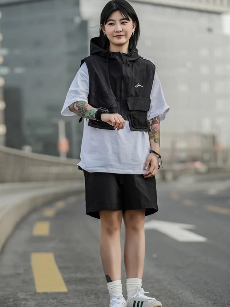 Women Vests Summer Hooded Functional Techwear All-match Breathable Japanese Style Pure Color Sleeveless Couple Simple Advanced