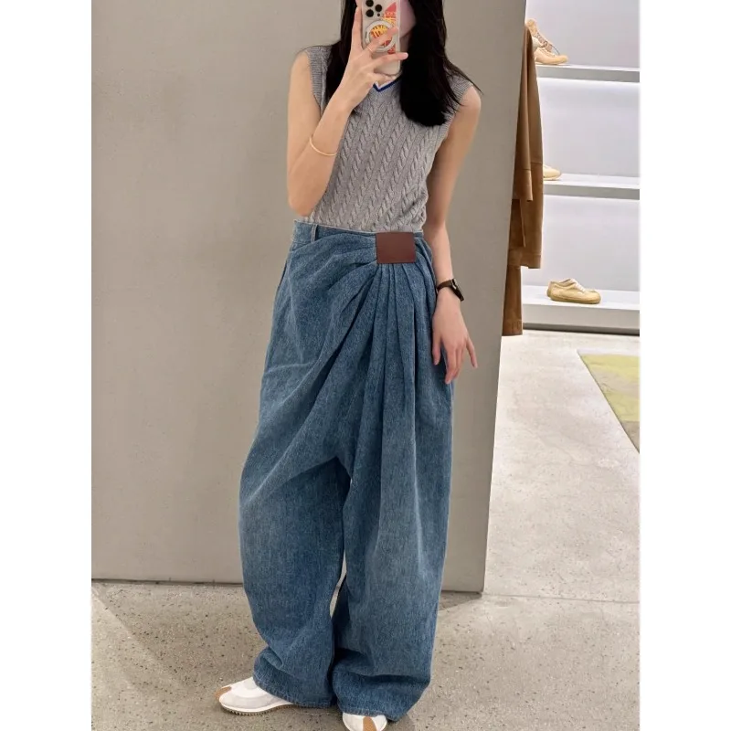 

Plus Size American Wide Leg Denim Jeans Women Fashionable Drapey Floor-Length Pants Spring Summer New Design Loose Fit Trousers