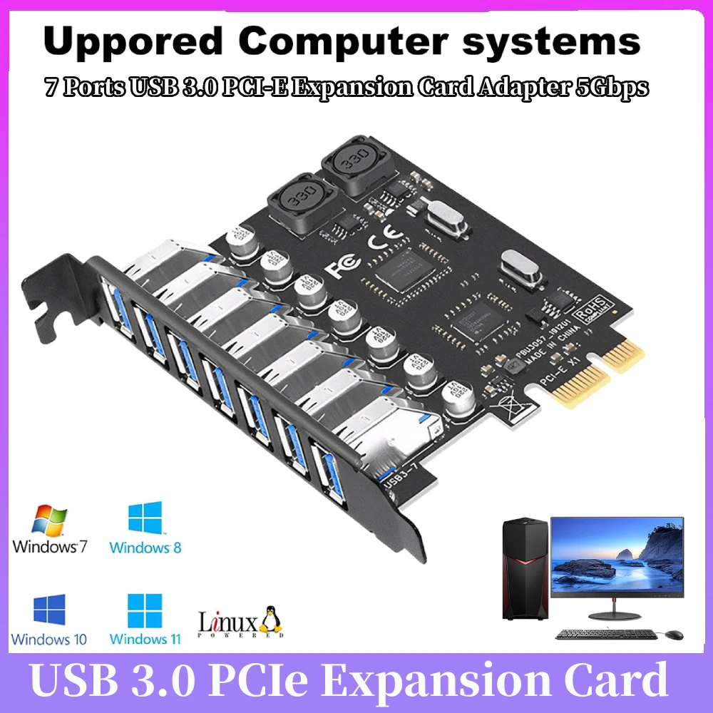 

7-портовая плата расширения USB 3.0 PCI-E, плата адаптера USB3 5 Гбит/с, контроллер NEC, чип для настольного ПК (чип VIA и NEC)