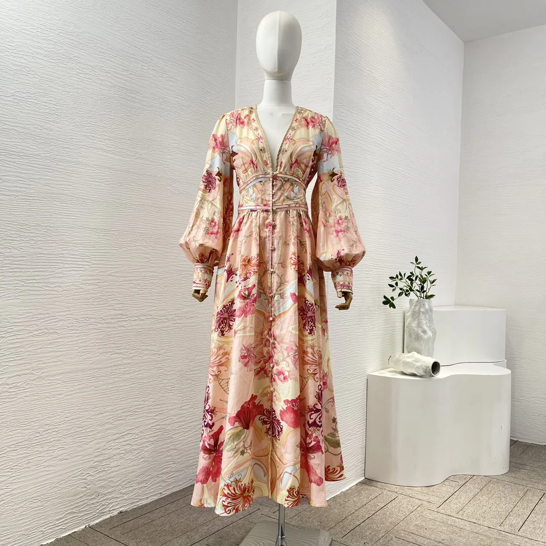 Stylish Women's Holiday Midi Dress Pink Red Floral Print Long Lantern Sleeve Deep V-neck High Quality Linen Female Dresses