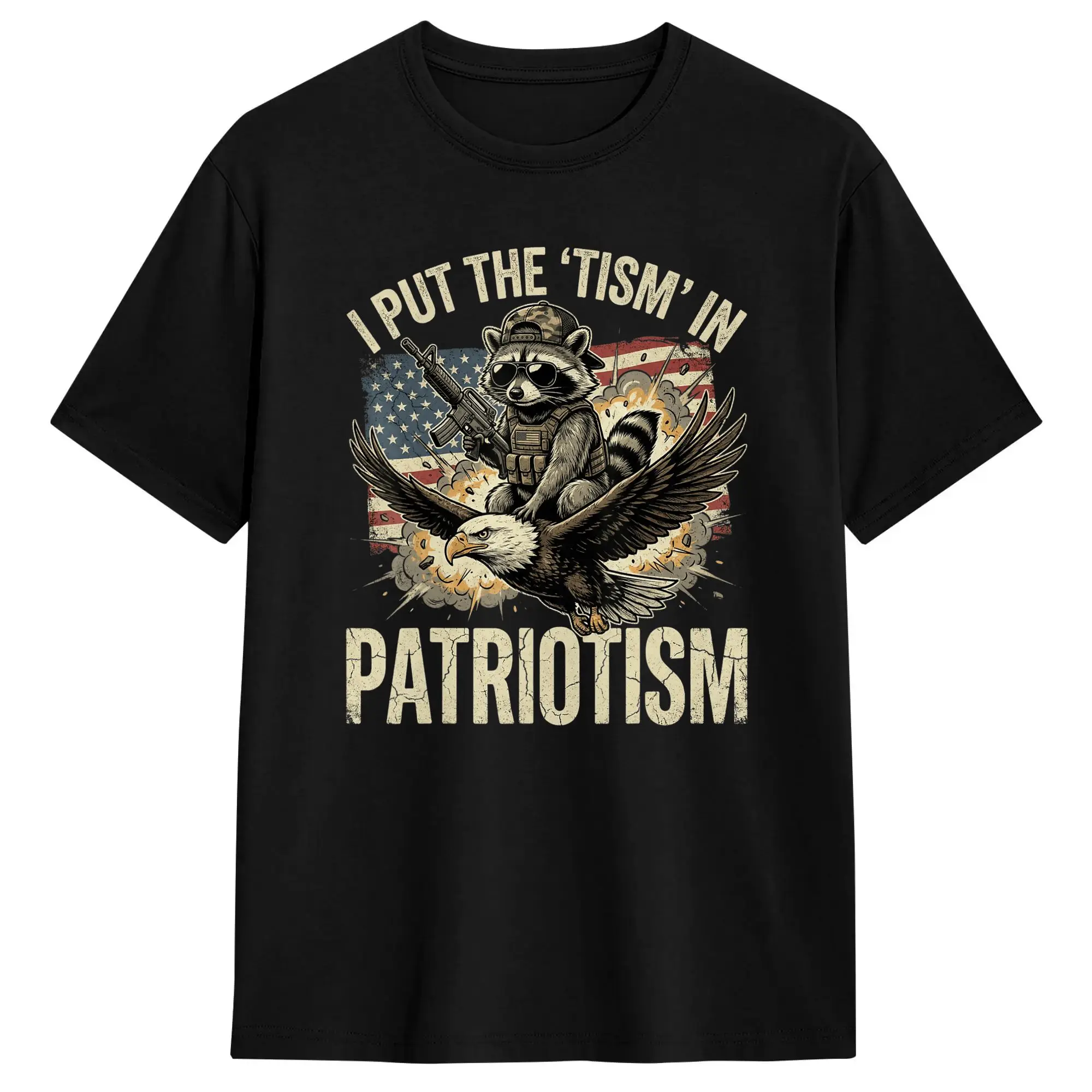Vintage T-Shirt Beach I Put The Tism in Patriotism Athletic Eagle Raccoon USA Flag Fashion T-Shirts  100% Cotton Tshirt Hot Sale