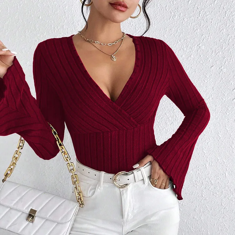 2024, сексуальные женские трикотажные уличные футболки с v-образным вырезом и расклешенными рукавами