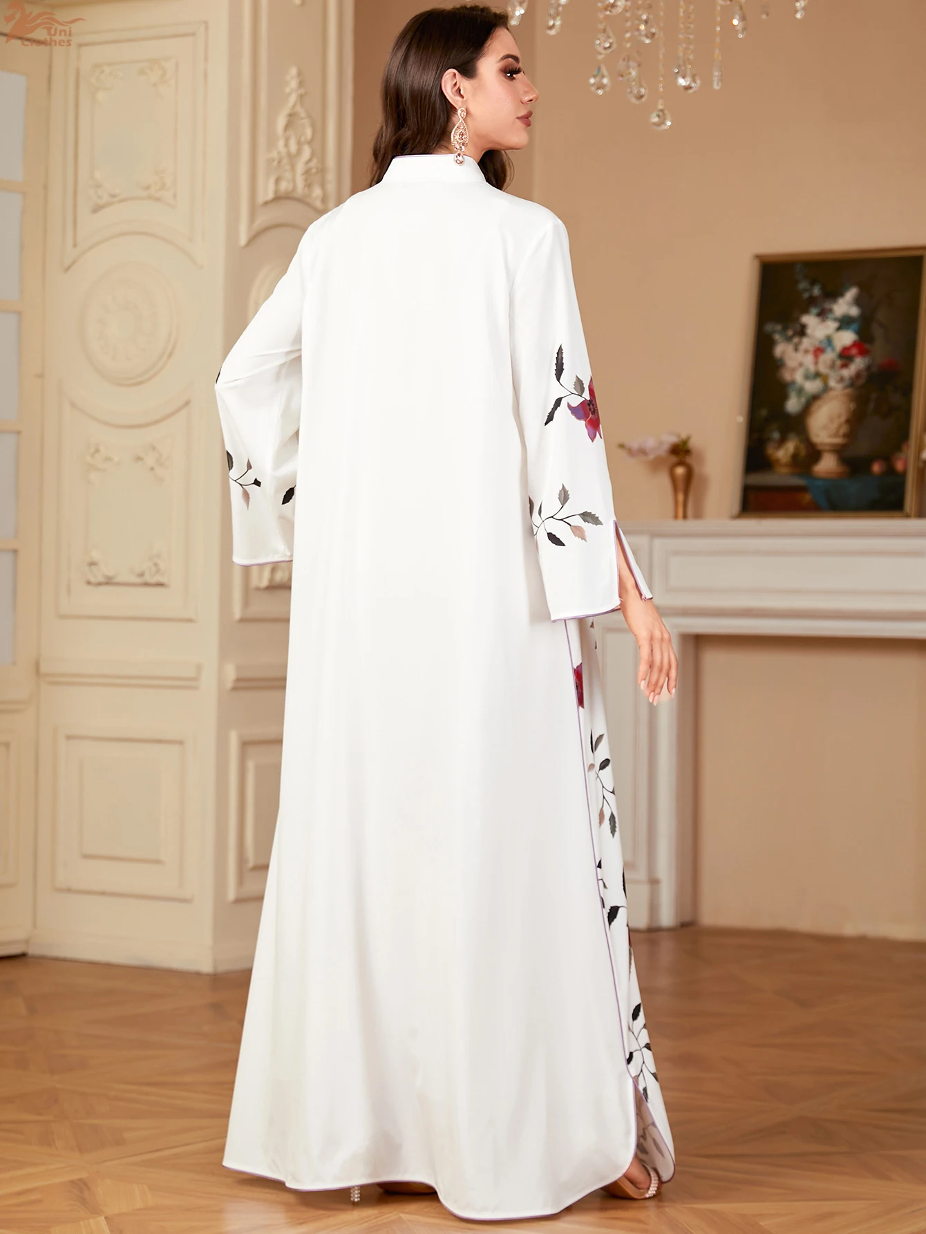 Uni Muslim Woman’s abayas Floral Pattern V-Neck Split Hem Dresses Moroccan Islamic Robe Arab Ramadan Mubarak Clothing