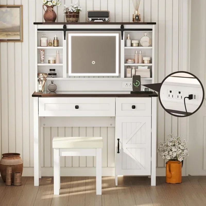 

Farmhouse Makeup Vanity with Power Outlet 42"W Glass Top Vanity Desk with Sliding Mirror and Lights White Vanity Tab