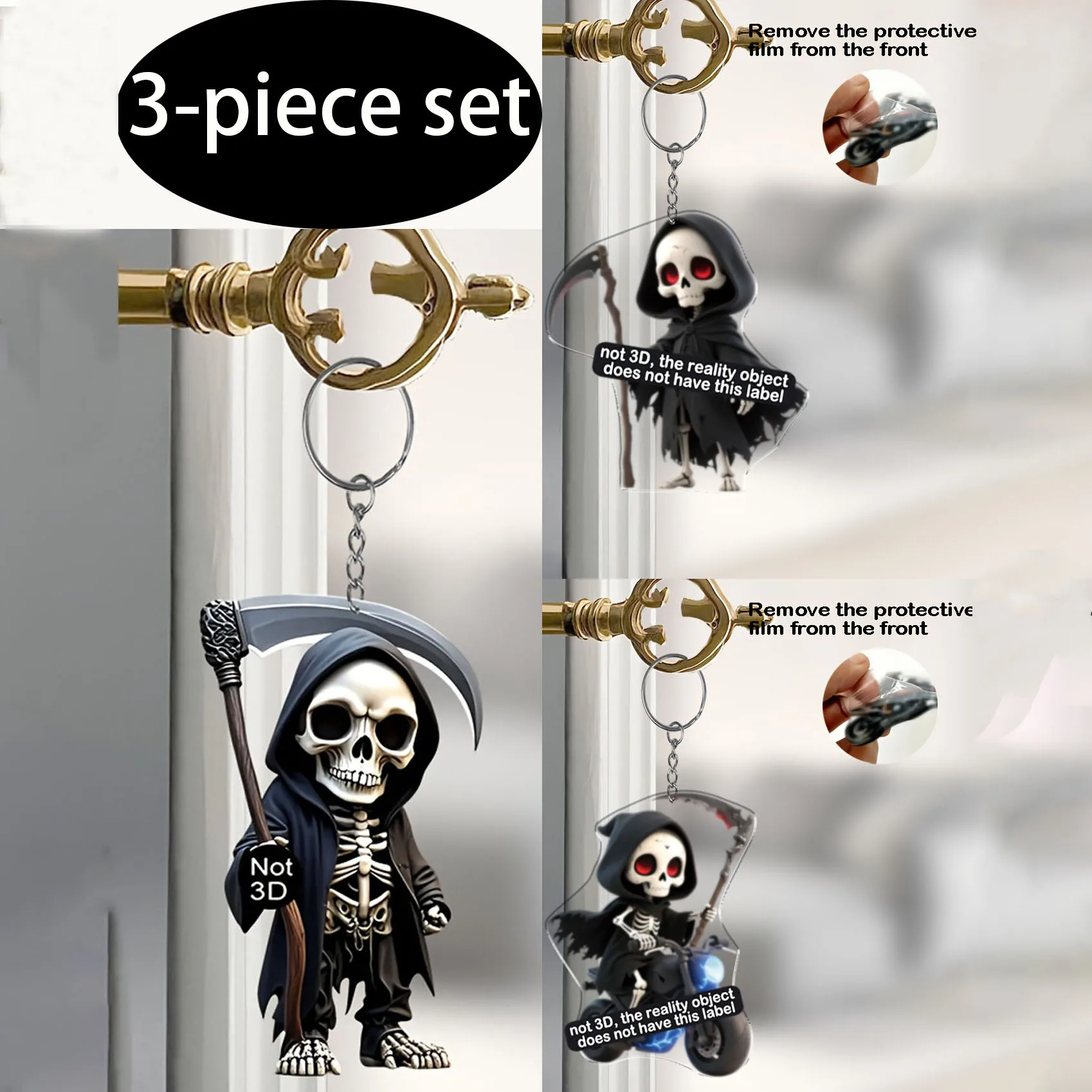 3 سلسلة مفاتيح Death Reaper، قلادة أكريليك مسطحة ثنائية الأبعاد، قلادة هاتف على الظهر، حقيبة ظهر وديكور منزلي للسيارة، سلسلة مفاتيح، مفتاح السيارة #2