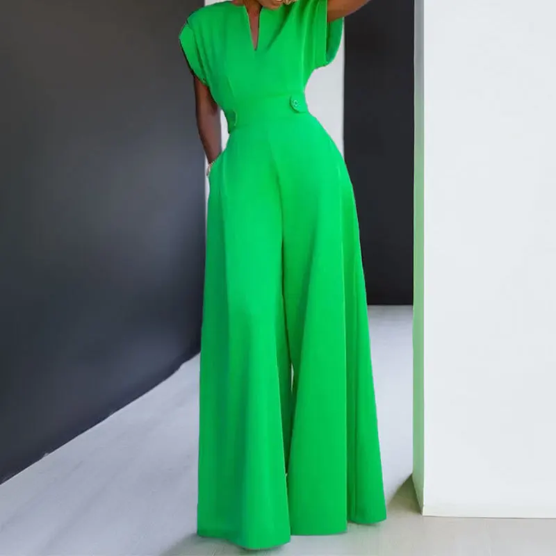 جمبسوت نسائي أنيق موضة بلون سادة ورقبة على شكل حرف v وخصر عالي وواسع الساق بدون أكمام بذلة بمزاج ملابس نسائية جديدة