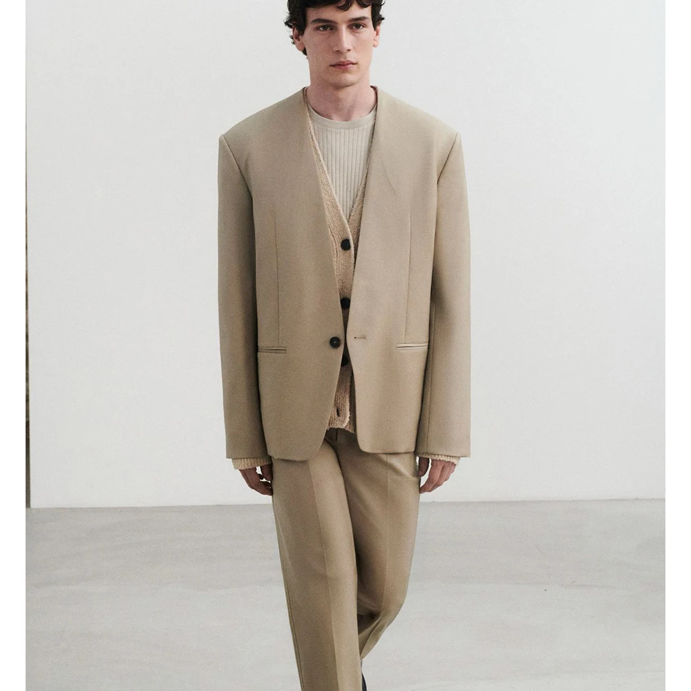 

Simple Light Khaki Men Notch Lapel Suit 2 Piece Set Single-Breasted Loose Fit Daily Office Casual Male Outfit（Jacket+Pant)