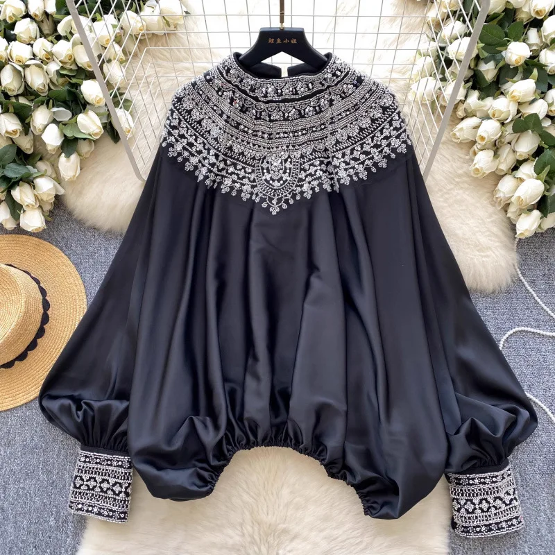 

Women Blouse Sequined Shirts Beaded Batwing Sleeves Round Neck Slight Strech Loose Fit Office Lady Casual Elegant 2026 Autumn