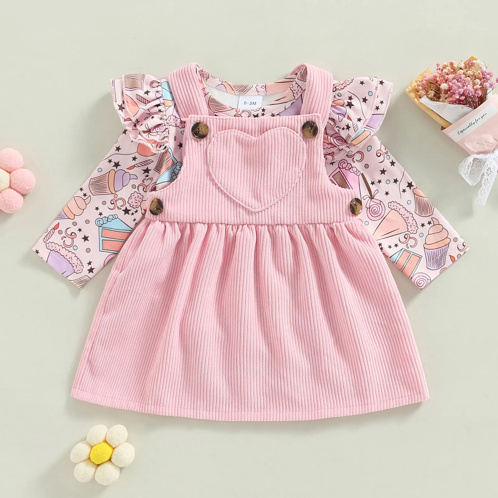 

Baby Girls Fall Clothes Suits Ice Cream Print Long Sleeve Crew Neck Romper and Corduroy Heart Sleeveless Strap Dress 2Pcs Set