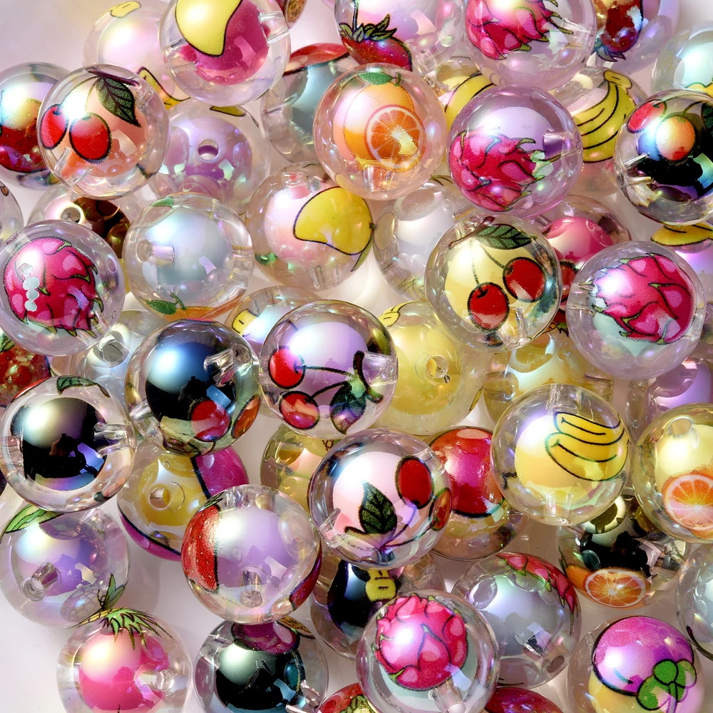 

10pcs Acrylic Beads transparent Printed fruit Pattern 16mm Round Shaped Loose Beads For DIY Pacifier Chain Dummy Holder