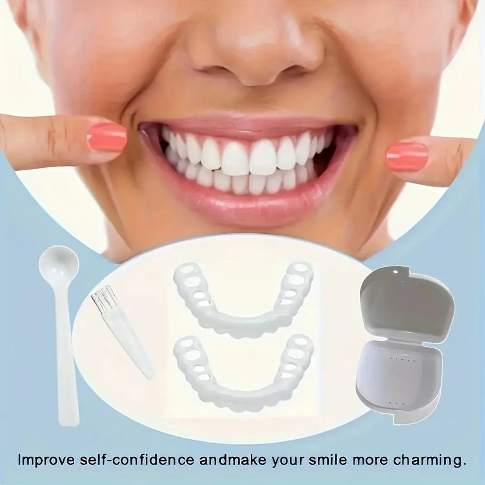 New 1 Upper & 1 Lower White Fake Teeth Kit with Complete Accessories, Unisex Flexible Comfort for Touch-Up