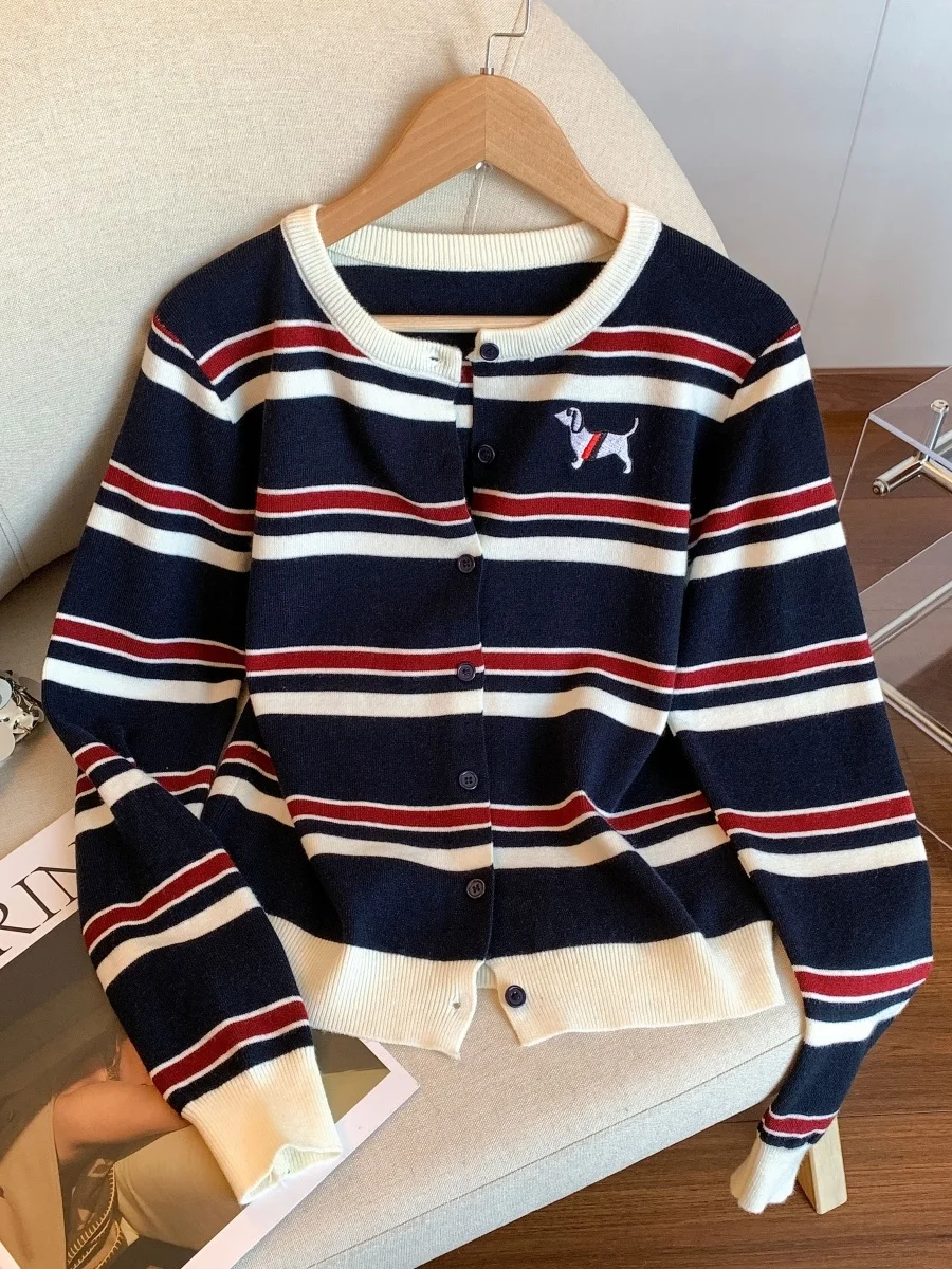 

Корейский открытый кардиган с вышивкой «ленивая собака», женский круглый свитер Ne, тюнет, осенне-зимний цвет, мягкий трикотаж в полоску