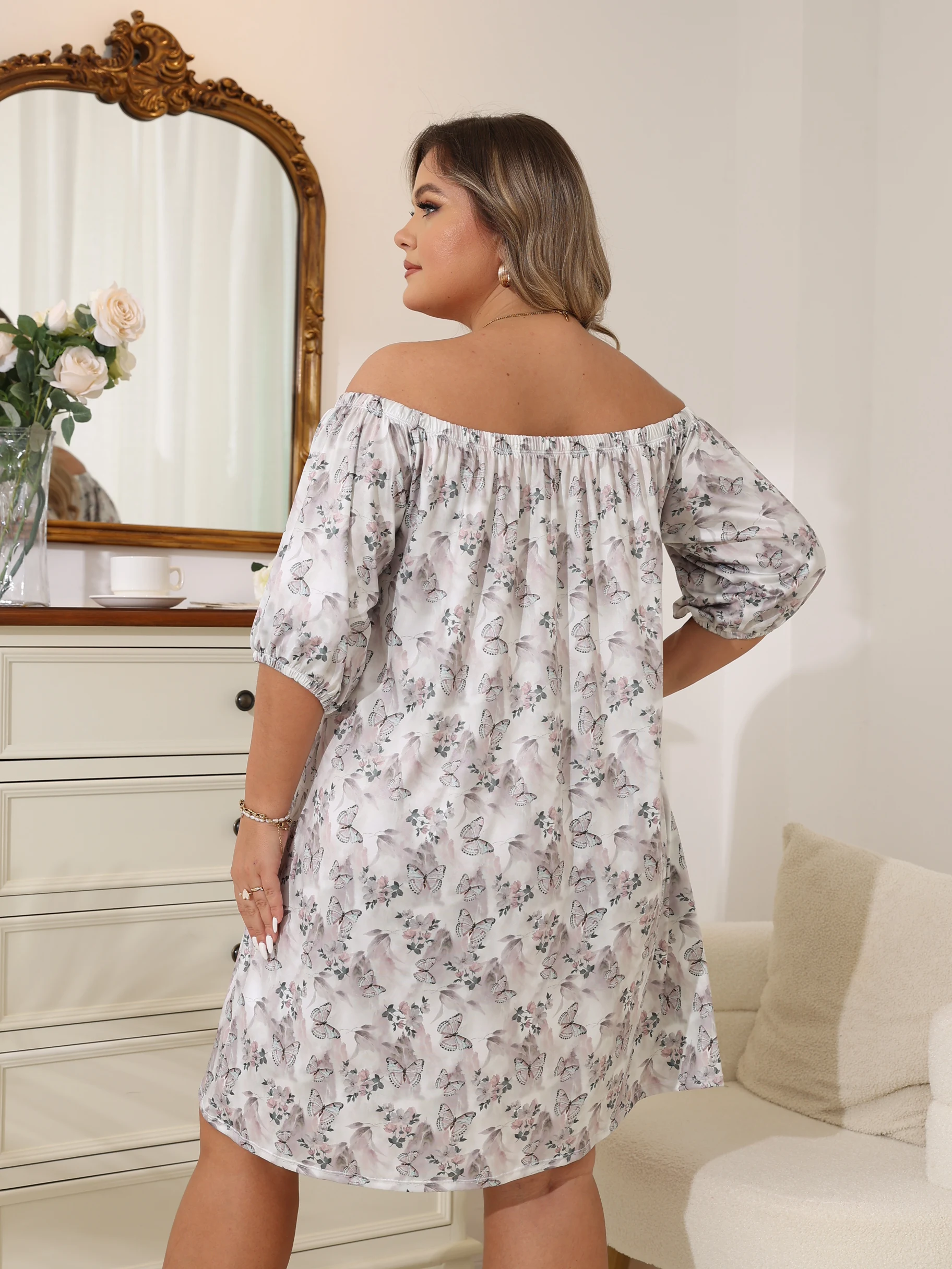 Women's Plus Size Butterfly Print Off-Shoulder Sleep Dress, Soft Satin Half-Sleeve Loose Fit Pajamas, Casual Home Wear