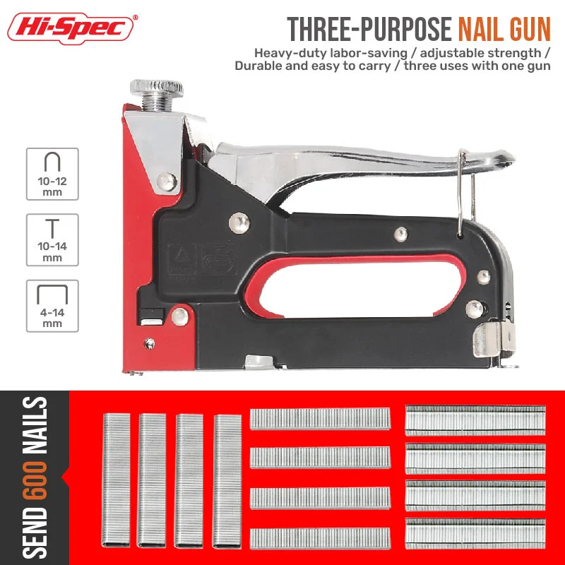Hi-spec grampeador pistola de pregos material de fixação pistola de pregos diy móveis estofamento construção grampeador 3 em 1 arma manual de unhas