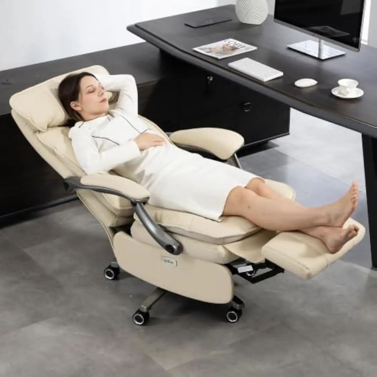 Ergonomic Big & Tall Reclining Office Chair with Power Lift Footrest PU Upholstery Heavy-Duty Steel Base 420 Lb Capacity Adjusta
