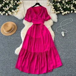 Summer Green/Red/Purple/Blue Long Dress Women Elegant O-Neck Short Sleeve High Waist Holiday Beach Maxi Robe Vestidos New