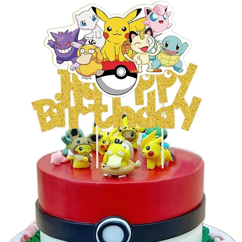 Figuras de Pokémon para decoración de tartas, figuras de Pikachu para fiesta de Baby Shower, adorno de pastel de feliz cumpleaños, bandera, suministros para fiestas de niños