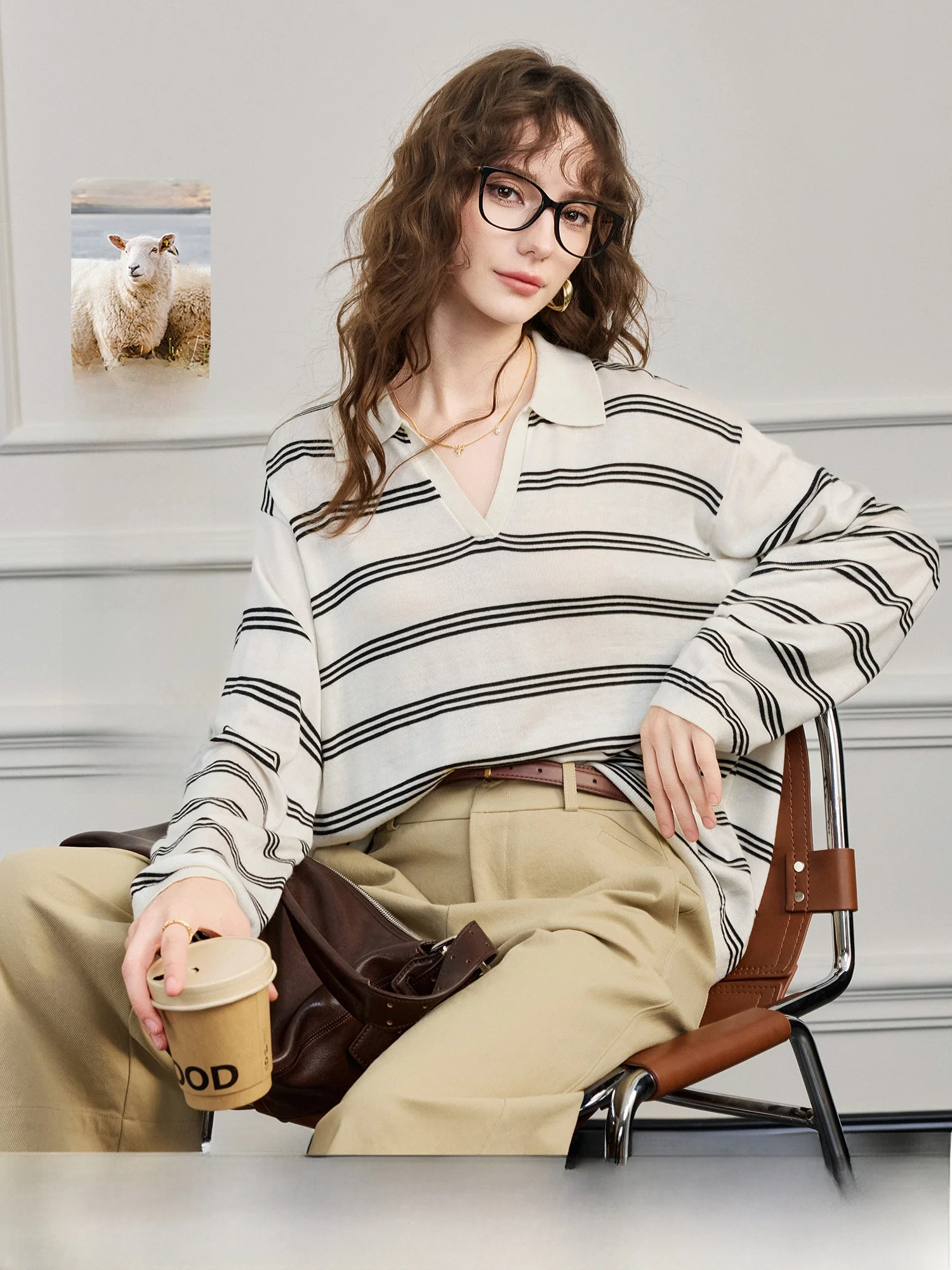 

Black White Stripes Knitted Loose Spring Top Classic Keyboard Pattern Women's Fashion Commute Style Long Sleeve V-Neck