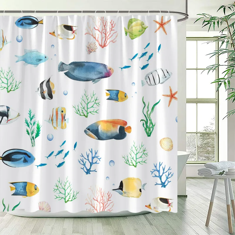 Cartoon Fish Shower Curtain Ocean Animal Tropical Fish Sea Turtle Starfish Frog Mushroom Kids Bathroom Curtains Decor with Hooks