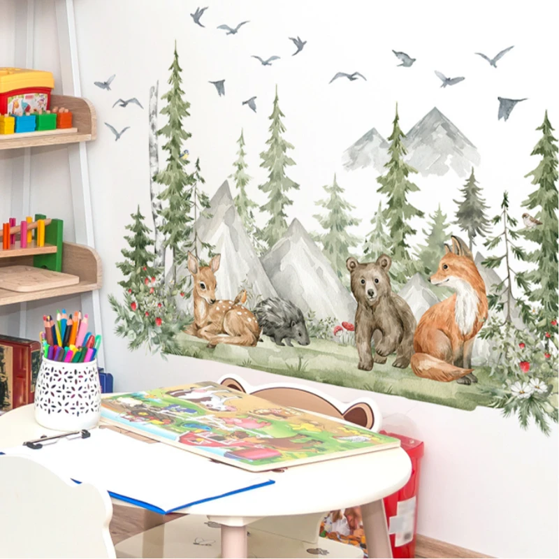 Large Forest Animals Deer Bear Wall Stickers for Kids Rooms Nursery Wall Decals Boys Room decoration Cartoon Animals Trees Mural