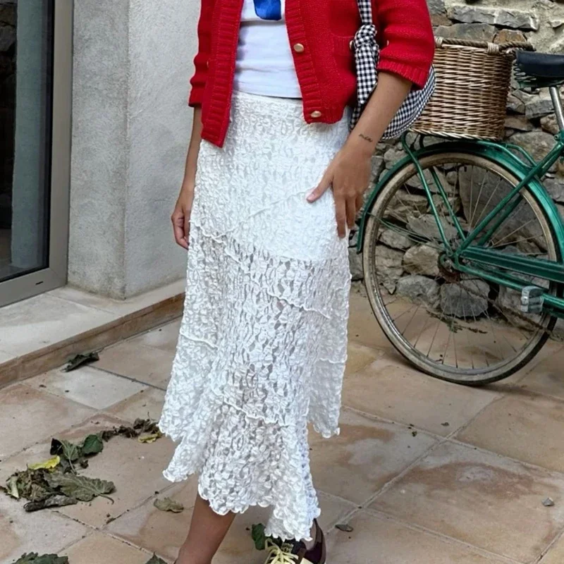 

Vintage Lace Midi Skirt Floral Sheer See-Through Irregular Hem A-line Skirt Fairy Streetwear Chic Women Long Skirt