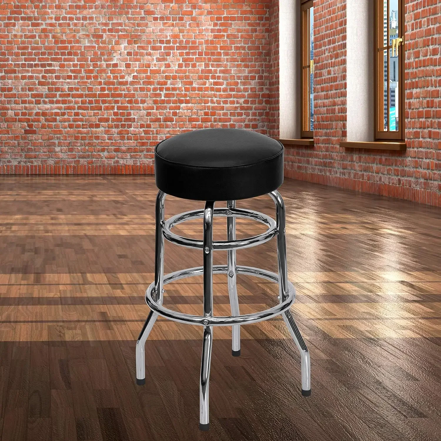 Furniture Double Ring Chrome Barstool with Black Seat