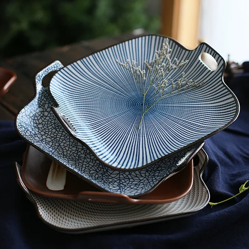 9 Inch Ceramic Dinner Plate Line Stripe Dinner Dishes with Double Handle, Square Main Courses Dish, Microwave Oven Safe