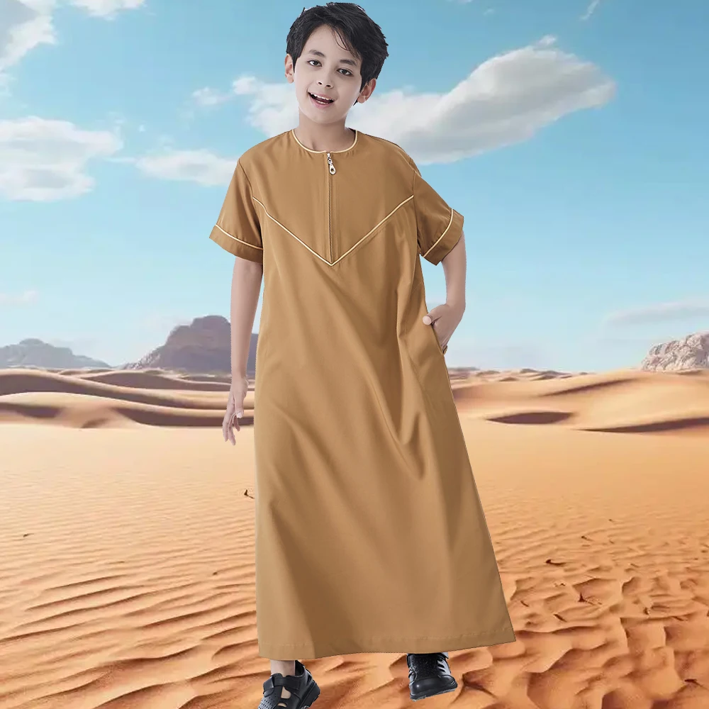 

Boy Muslim Robe Islam Middle East Saudi Arabia Dress Solid Color Short Sleeve Thobes for Kids Abaya Jubba Thobe Daffah Dishdasha