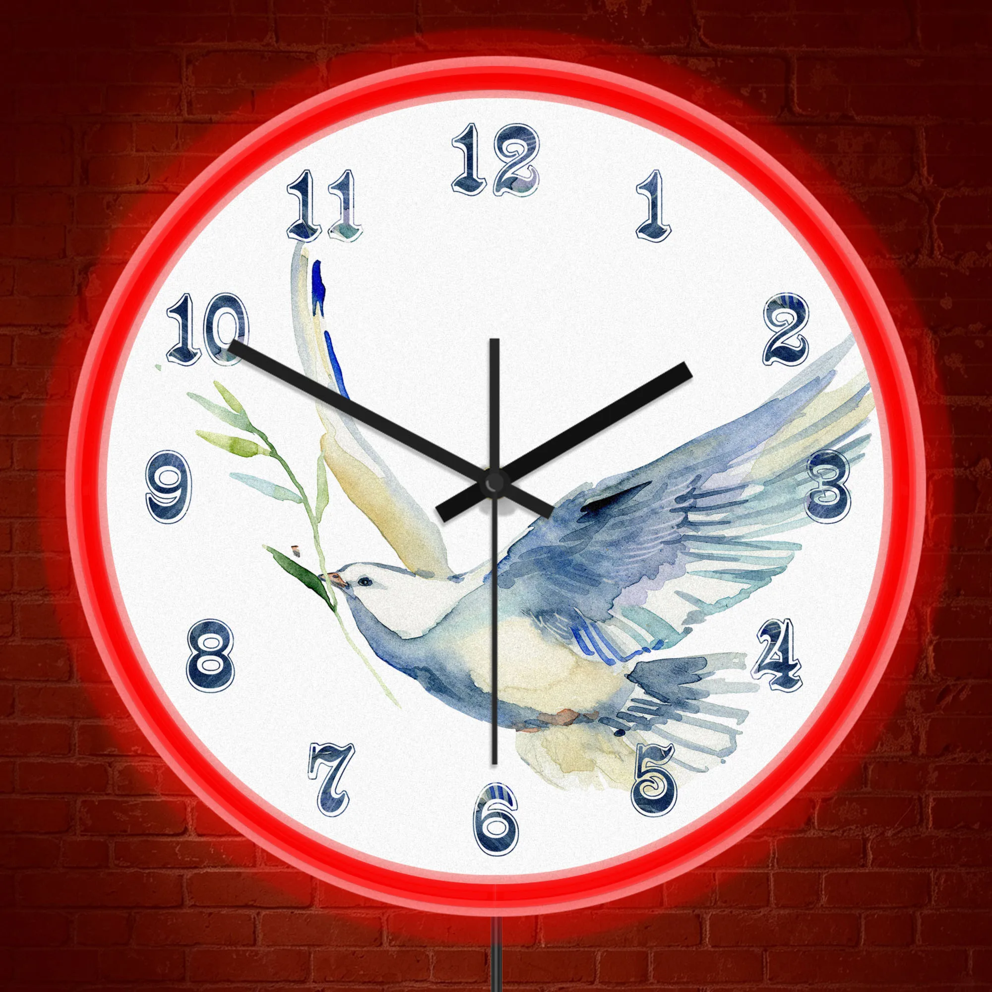 Watercolor Dove Olive Branch Art Decorative Wall Clock Peace Symbol Illuminated Sign Flying Bird LED Neon Lighting Wall Clock