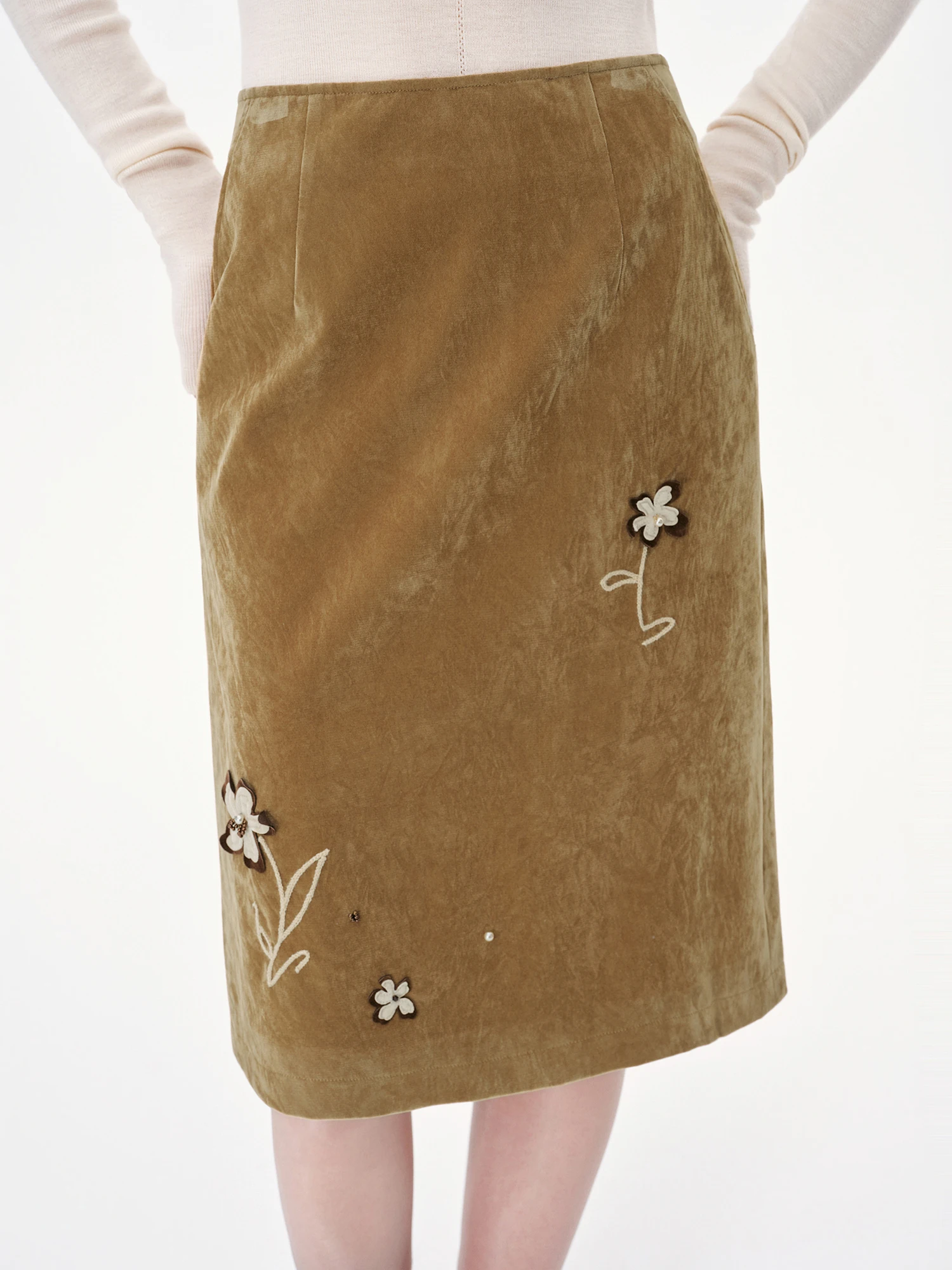 FSLE【Premium Series】2026 Winter Women's Premium Flocked 3D Floral Embroidery Straight Midi Skirt - Elegant Chic Versatile